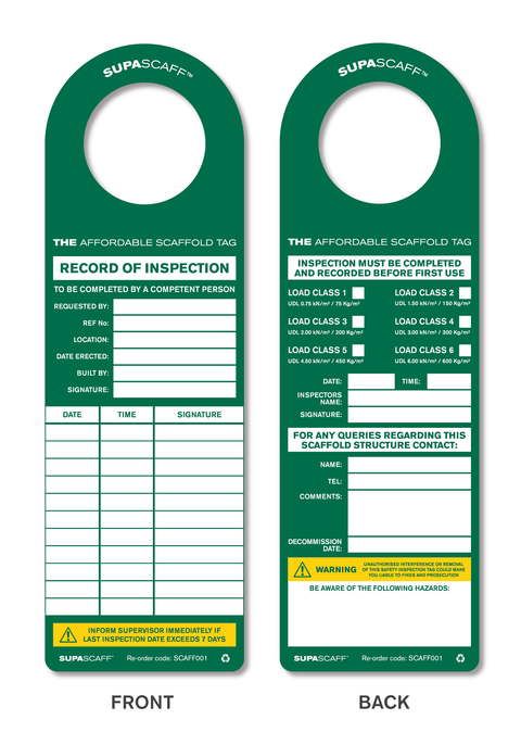 SUPASCAFF™ Scaffold Inspection Tag Pack