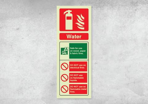 Water Fire Extinguisher ID Sign - Portrait - 75x200mm - Photoluminescent PVC