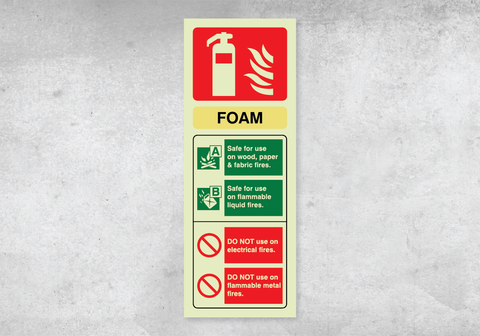 Foam Fire Extinguisher ID Sign - Portrait - 75x200mm - Photoluminescent PVC