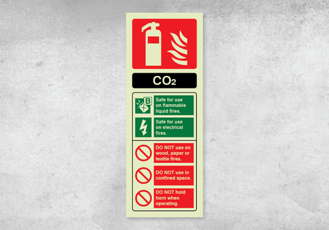 CO2 Fire Extinguisher ID Sign - Portrait - 75x200mm - Photoluminescent PVC