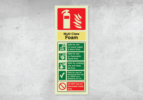 Multi Class Foam Fire Extinguisher ID Sign - Portrait - 75x200mm - Photoluminescent PVC