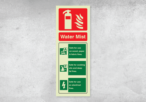 Water Mist Fire Extinguisher ID Sign - Portrait - 75x200mm - Photoluminescent PVC