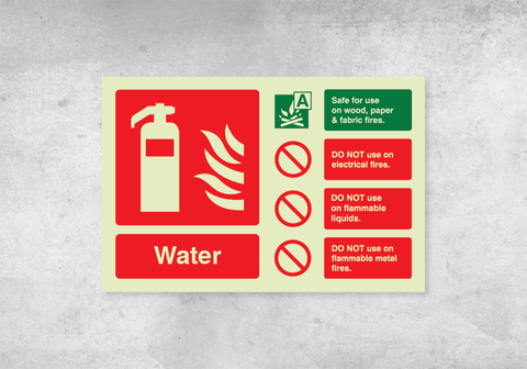 Water Fire Extinguisher ID Sign - Landscape - 150x100mm - Photoluminescent PVC