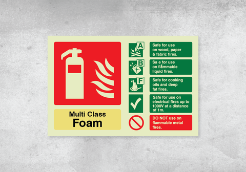 Multi Class Foam Fire Extinguisher ID Sign - Landscape - 150x100mm - Photoluminescent PVC