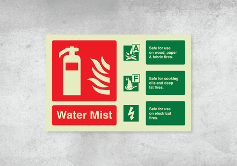 Water Mist Fire Extinguisher ID Sign - Landscape - 150x100mm - Photoluminescent PVC